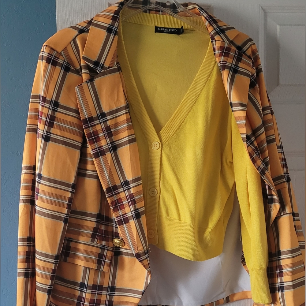 Great 90's Halloween Plaid blazer, cardigan, plaid skirt, and knee-high sock set